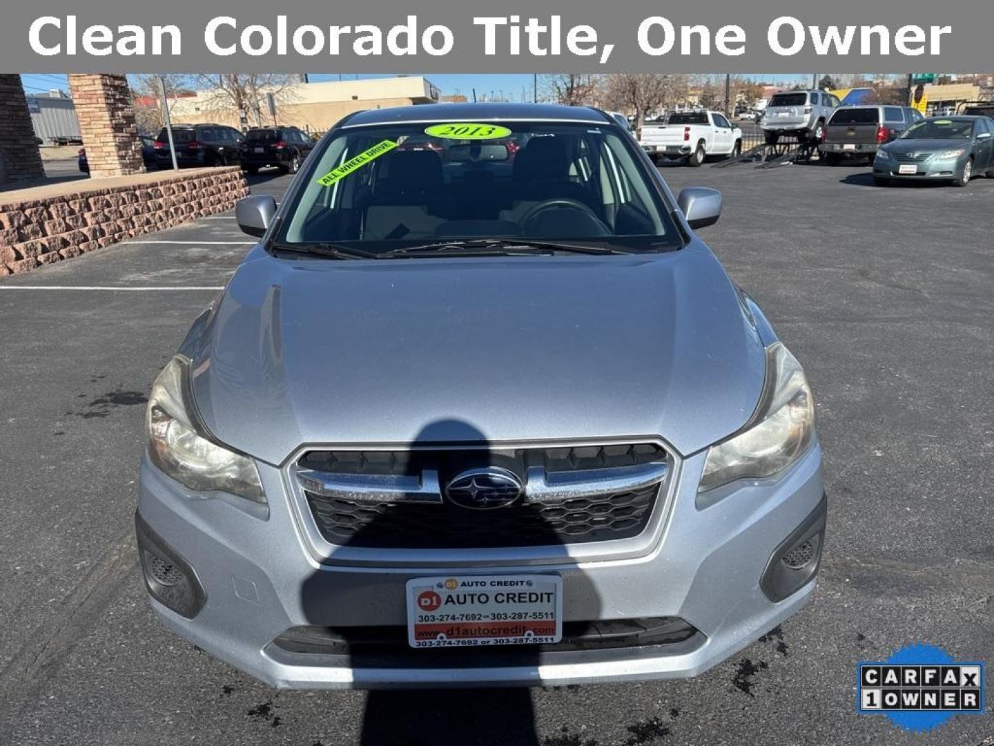 2013 Ice Silver Metallic /Black Subaru Impreza 2.0i Premium (JF1GJAC60DH) with an 2.0L 4-Cylinder SMPI DOHC 16V engine, CVT transmission, located at 8595 Washington St., Thornton, CO, 80229, (303) 287-5511, 39.852348, -104.978447 - 2013 Subaru Impreza CARFAX One-Owner. AWD<br><br>D1 Auto NEVER charges dealer fees! All cars have clean titles and have been inspected for mechanical issues. We have financing for everyone. Good credit, bad credit, first time buyers.<br>Clean CARFAX.<br>Please call Lakewood Location 303-274-7692 or - Photo#1