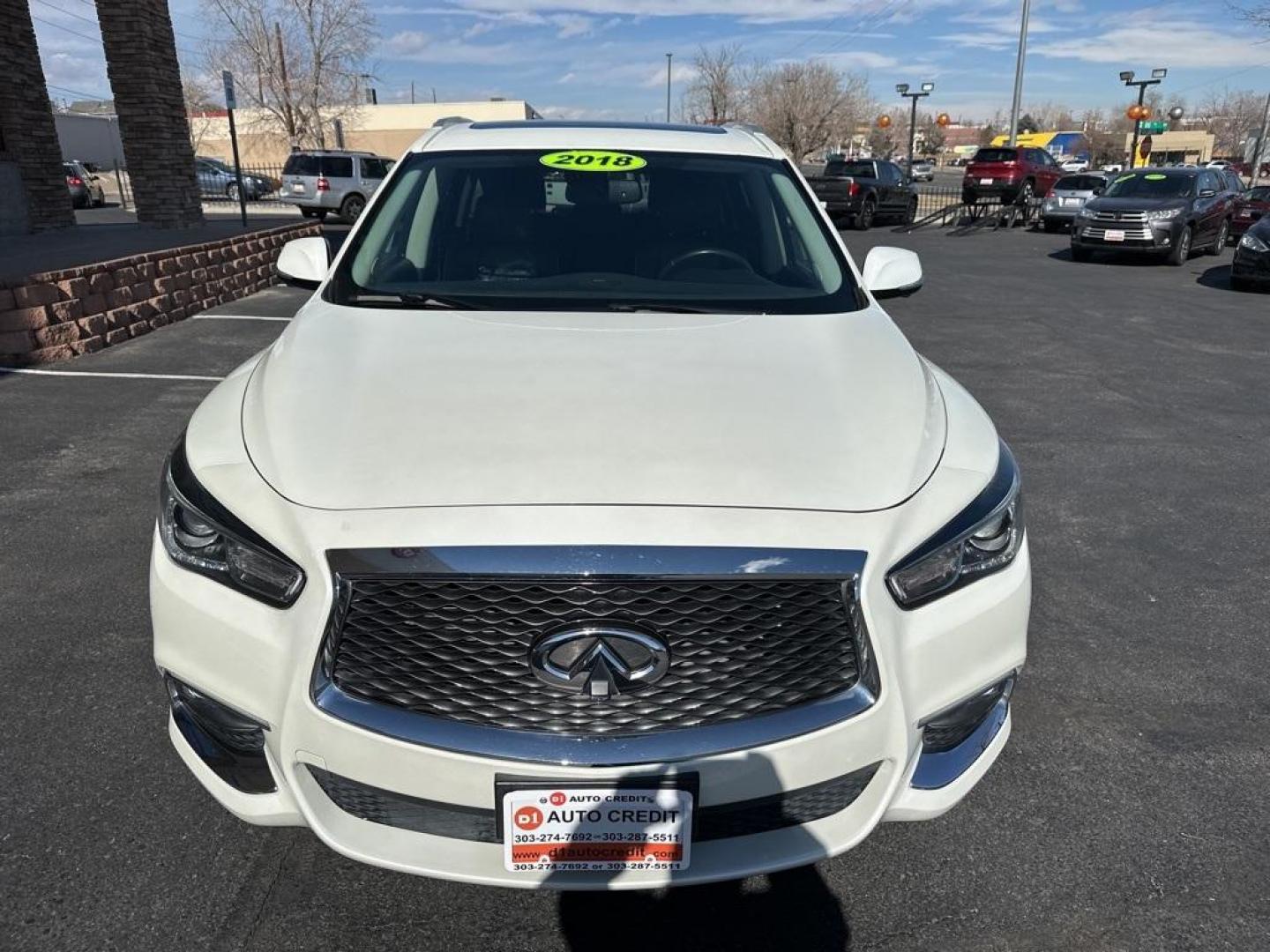 2018 Majestic White /Java INFINITI QX60 Base (5N1DL0MM6JC) with an 3.5L V6 engine, CVT transmission, located at 8595 Washington St., Thornton, CO, 80229, (303) 287-5511, 39.852348, -104.978447 - This is the one! Clean carfax, non smoker, non pet car. Interior is like new and the exterior is in near mint condition. Loaded with tons of USB ports on all 3 rows, very easy to access 3rd row.<br><br>Heated seats, heated steering wheel, sun roof, navigation, BOSE speakers, backup camera wit 360 de - Photo#1