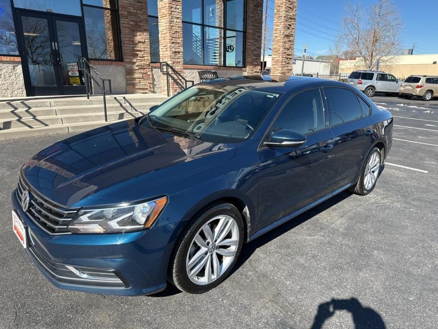 2019 Tourmaline Blue Metallic /Actual Volkswagen Passat 2.0T Wolfsburg (1VWLA7A33KC) with an 2.0L I4 TSI Turbocharged engine, Automatic transmission, located at 8595 Washington St., Thornton, CO, 80229, (303) 287-5511, 39.852348, -104.978447 - 2019 Volkswagen Passat Wolfsburg with, heated leather seats, blind spot detection, Apple/Android Car Play, Sun Roof and more. <br>Fully serviced including new tires.<br><br>Wolfsburg FWD 6-Speed Automatic with Tiptronic 2.0L I4 TSI Turbocharged<br>25/36 City/Highway MPG<br><br>Awards:<br> * 2019 KB - Photo#1