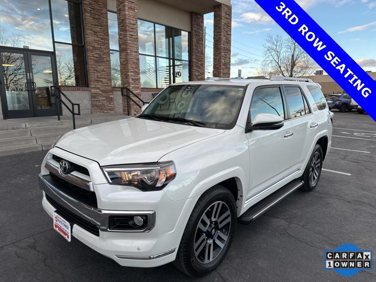2017 Super White /Redwood Toyota 4Runner Limited (JTEBU5JRXH5) with an 4.0L V6 SMPI DOHC engine, Automatic transmission, located at 8595 Washington St., Thornton, CO, 80229, (303) 287-5511, 39.852348, -104.978447 - One Owner and in great condition, with 3rd row seating! Non smoker and loaded.<br><br> 4WD, Redwood w/Leather Seat Trim, Alloy wheels, Front dual zone A/C, Garage Door Opener, Heated door mirrors, Heated/Ventilated Front Bucket Seats, Limited Package, Moonroof w/Tilt Up and Slide, Navigation Syste - Photo#1