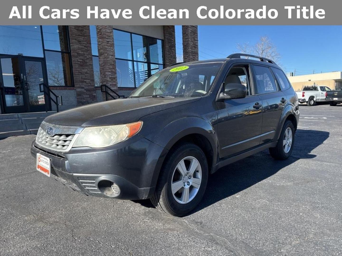 2012 Dark Gray Metallic /Platinum Subaru Forester 2.5X (JF2SHBBC1CH) with an 2.5L 4-Cylinder DOHC 16V VVT engine, Automatic transmission, located at 8595 Washington St., Thornton, CO, 80229, (303) 287-5511, 39.852348, -104.978447 - 2012 Subaru Forester AWD All Cars Have Clean Titles And Are Serviced Before Sale., Non Smoker, No Pet Odor Or Hair, Forester 2.5X, AWD.<br><br>D1 Auto NEVER charges dealer fees! All cars have clean titles and have been inspected for mechanical issues. We have financing for everyone. Good credit, bad - Photo#0