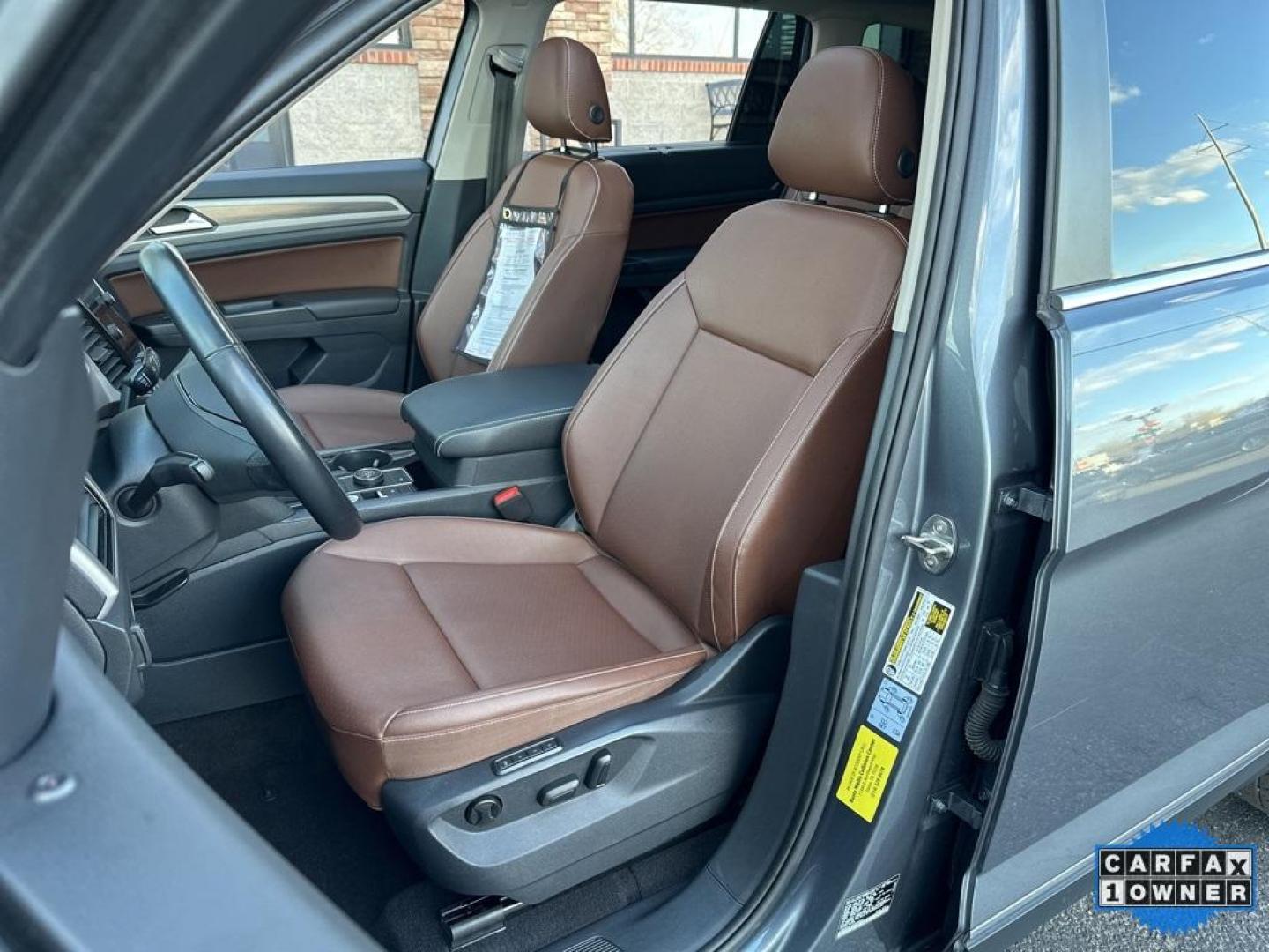 2021 Platinum Gray Metallic /Mauro Brown Volkswagen Atlas SEL (1V2BR2CA1MC) with an 3.6L V6 engine, Automatic transmission, located at 8595 Washington St., Thornton, CO, 80229, (303) 287-5511, 39.852348, -104.978447 - 2021 Volkswagen Atlas SEL, WITH CAPTAINS CHAIRS<br><br>All Cars Have Clean Titles And Are Serviced Before Sale., CarfaxOne Owner, No Accidents, Apple/Android Car Play, New Tires, Blind Spot Monitoring, Backup Camera, Leather, Heated Seats, Collision Warning, Bluetooth/ With Bluetooth Audio, Power Se - Photo#7