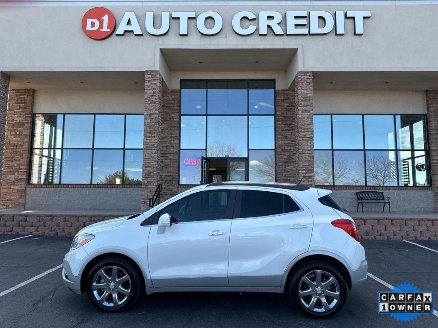 2014 White Pearl Tricoat /Ebony Buick Encore Leather (KL4CJCSB2EB) with an ECOTEC 1.4L I4 SMPI DOHC Turbocharged VVT engine, Automatic transmission, located at 8595 Washington St., Thornton, CO, 80229, (303) 287-5511, 39.852348, -104.978447 - 2014 Buick Encore<br>All Cars Have Clean Titles And Are Serviced Before Sale., CarfaxOne Owner, No Accidents, Blind Spot Monitoring, Backup Camera, Leather, Heated Seats, Bluetooth/ With Bluetooth Audio, Power Seats, Non Smoker, No Pet Odor Or Hair, FWD.<br>D1 Auto NEVER charges dealer fees! All car - Photo#0
