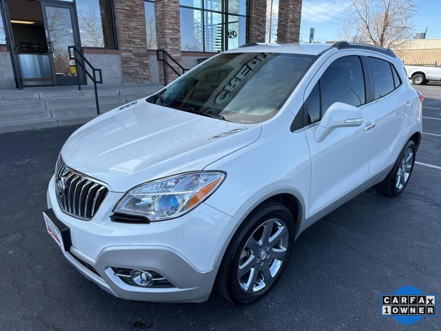 2014 White Pearl Tricoat /Ebony Buick Encore Leather (KL4CJCSB2EB) with an ECOTEC 1.4L I4 SMPI DOHC Turbocharged VVT engine, Automatic transmission, located at 8595 Washington St., Thornton, CO, 80229, (303) 287-5511, 39.852348, -104.978447 - 2014 Buick Encore<br>All Cars Have Clean Titles And Are Serviced Before Sale., CarfaxOne Owner, No Accidents, Blind Spot Monitoring, Backup Camera, Leather, Heated Seats, Bluetooth/ With Bluetooth Audio, Power Seats, Non Smoker, No Pet Odor Or Hair, FWD.<br>D1 Auto NEVER charges dealer fees! All car - Photo#1
