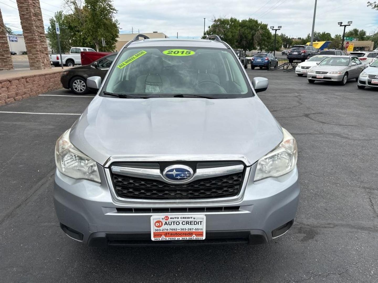 2015 Ice Silver Metallic /Gray Subaru Forester 2.5i Premium (JF2SJADC4FH) with an 2.5L 4-Cylinder DOHC 16V VVT engine, CVT transmission, located at 8595 Washington St., Thornton, CO, 80229, (303) 287-5511, 39.852348, -104.978447 - 2015 Subaru Forester<br><br>D1 Auto NEVER charges dealer fees! All cars have clean titles and have been inspected for mechanical issues. We have financing for everyone. Good credit, bad credit, first time buyers.<br>Clean CARFAX.<br>Please call Lakewood Location 303-274-7692 or Thornton 303-287-5511 - Photo#2