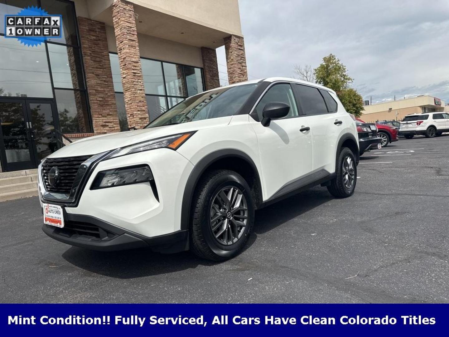 2021 Glacier White /Charcoal Nissan Rogue S (5N1AT3AB0MC) with an 2.5L I4 DOHC 16V engine, CVT transmission, located at 8595 Washington St., Thornton, CO, 80229, (303) 287-5511, 39.852348, -104.978447 - 2021 Nissan Rogue One Owner, This car still smells new and has 2 keys and owners manuals. You wont find one in better condition. All Wheel Drive, backup camera with backup sensors, Apple/Android CarPlay ,New Tires and ready for Colorado! Excellent condition inside and out. <br><br>All Cars Have Clea - Photo#1