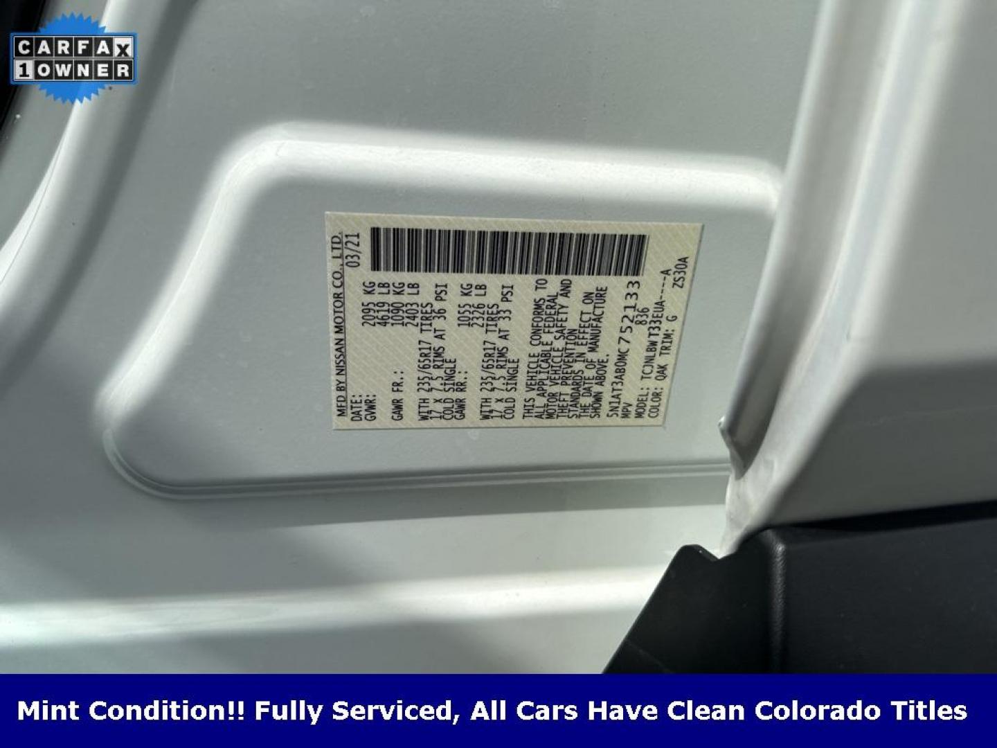 2021 Glacier White /Charcoal Nissan Rogue S (5N1AT3AB0MC) with an 2.5L I4 DOHC 16V engine, CVT transmission, located at 8595 Washington St., Thornton, CO, 80229, (303) 287-5511, 39.852348, -104.978447 - 2021 Nissan Rogue One Owner, This car still smells new and has 2 keys and owners manuals. You wont find one in better condition. All Wheel Drive, backup camera with backup sensors, Apple/Android CarPlay ,New Tires and ready for Colorado! Excellent condition inside and out. <br><br>All Cars Have Clea - Photo#31