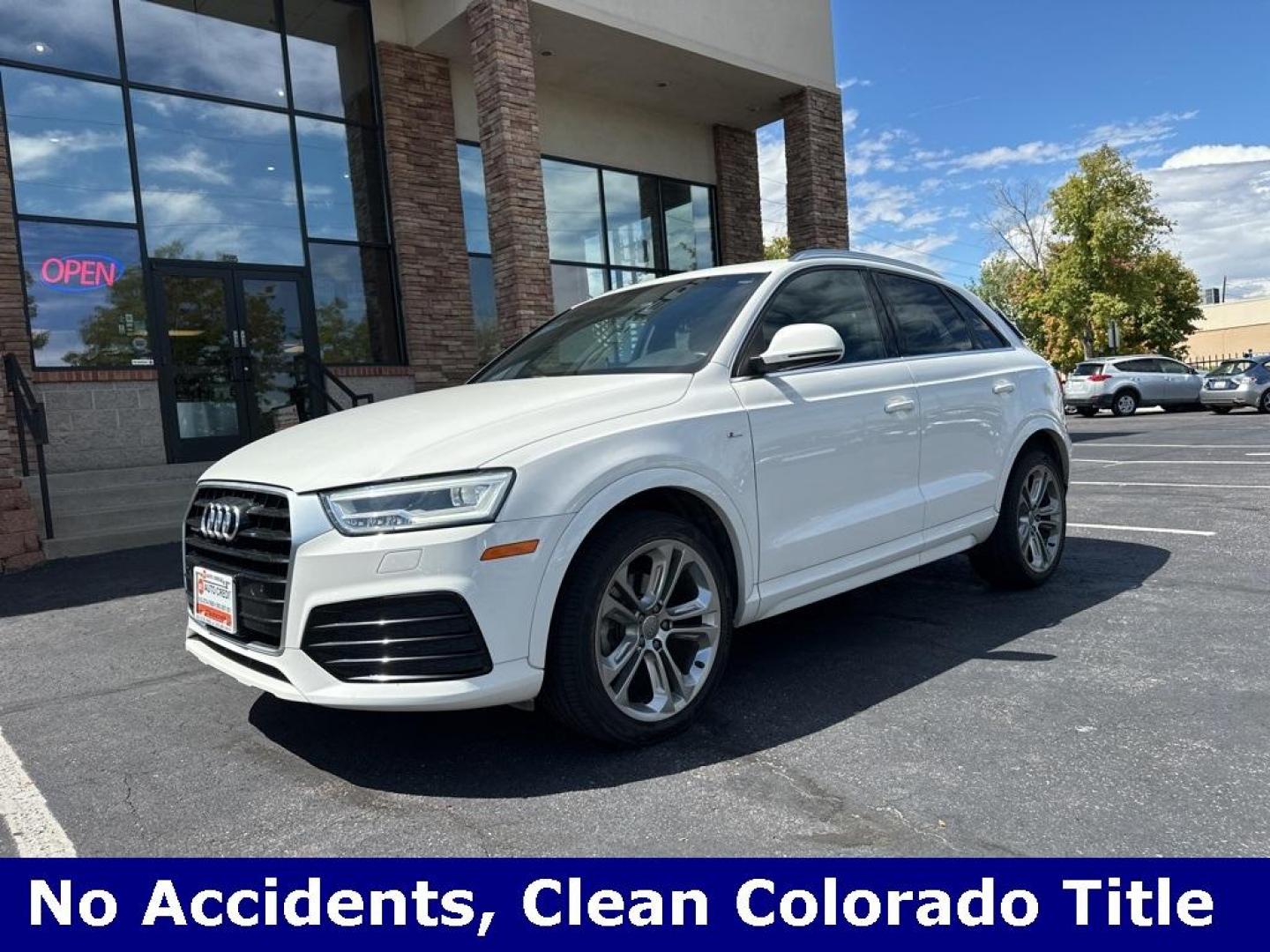 2018 Cortina White /Black Audi Q3 2.0T Premium Plus (WA1JCCFSXJR) with an 2.0L 4-Cylinder TFSI engine, Automatic transmission, located at 8595 Washington St., Thornton, CO, 80229, (303) 287-5511, 39.852348, -104.978447 - 2018 Audi Q3 Premium Plus with NO ACCIDENTS, clean Colorado tilte , All Wheel Drive. This one is fully serviced including new tires. Very clean inside and out showing pride of ownership. Loaded with, blind spot monitoring, Apple/Android Carplay, backup camera, heated leather seats, panoramic sun roo - Photo#1