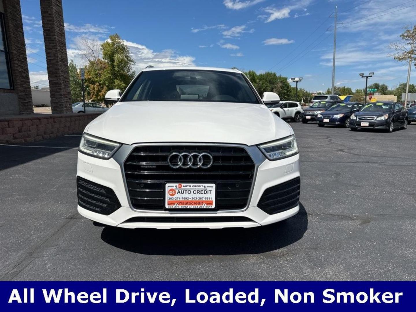 2018 Cortina White /Black Audi Q3 2.0T Premium Plus (WA1JCCFSXJR) with an 2.0L 4-Cylinder TFSI engine, Automatic transmission, located at 8595 Washington St., Thornton, CO, 80229, (303) 287-5511, 39.852348, -104.978447 - 2018 Audi Q3 Premium Plus with NO ACCIDENTS, clean Colorado tilte , All Wheel Drive. This one is fully serviced including new tires. Very clean inside and out showing pride of ownership. Loaded with, blind spot monitoring, Apple/Android Carplay, backup camera, heated leather seats, panoramic sun roo - Photo#2