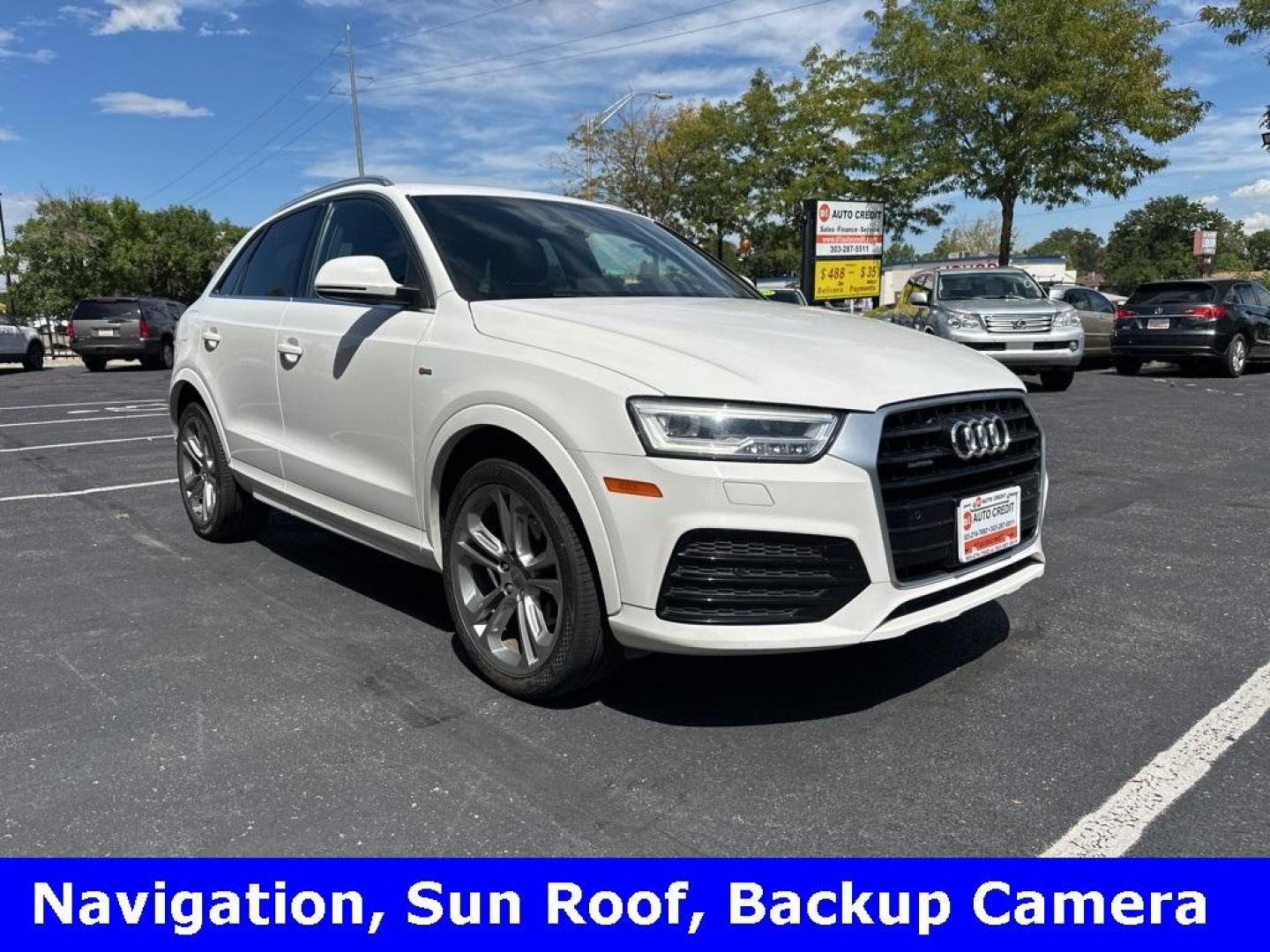 2018 Cortina White /Black Audi Q3 2.0T Premium Plus (WA1JCCFSXJR) with an 2.0L 4-Cylinder TFSI engine, Automatic transmission, located at 8595 Washington St., Thornton, CO, 80229, (303) 287-5511, 39.852348, -104.978447 - 2018 Audi Q3 Premium Plus with NO ACCIDENTS, clean Colorado tilte , All Wheel Drive. This one is fully serviced including new tires. Very clean inside and out showing pride of ownership. Loaded with, blind spot monitoring, Apple/Android Carplay, backup camera, heated leather seats, panoramic sun roo - Photo#3