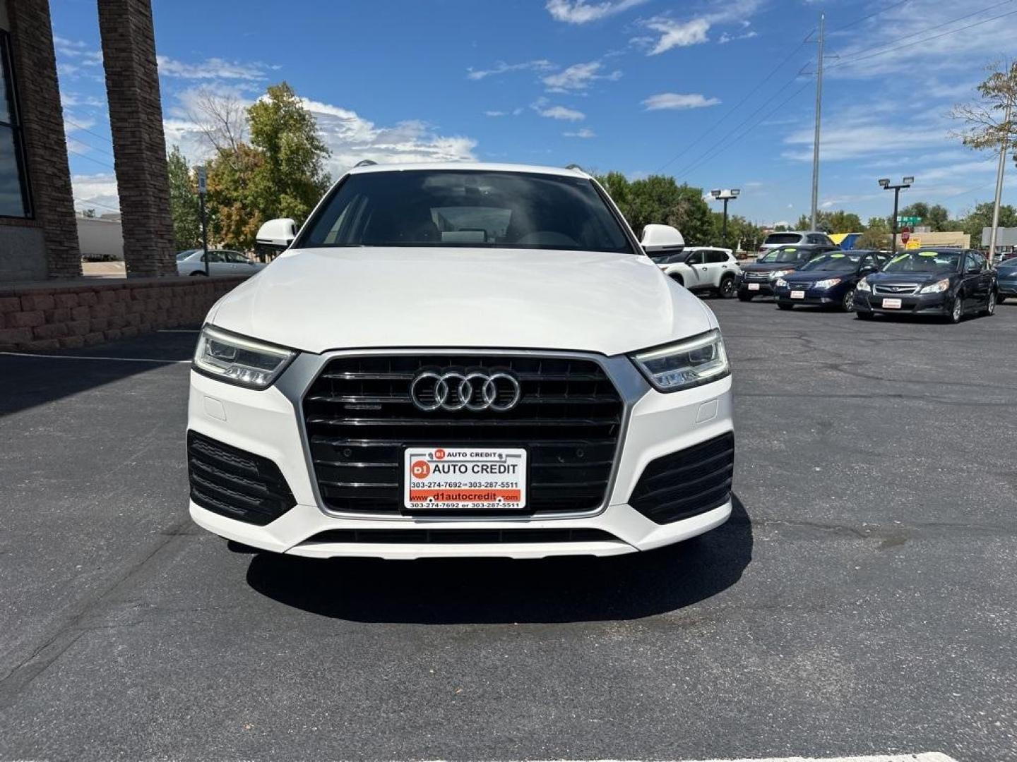 2018 Cortina White /Black Audi Q3 2.0T Premium Plus (WA1JCCFSXJR) with an 2.0L 4-Cylinder TFSI engine, Automatic transmission, located at 8595 Washington St., Thornton, CO, 80229, (303) 287-5511, 39.852348, -104.978447 - 2018 Audi Q3 Premium Plus, All Wheel Drive. This one is fully serviced including new tires. Veryclean inside and out showing pride of ownership. <br>All Cars Have Clean Titles And Are Serviced Before Sale., Clean Carfax, No Accident, Apple/Android Car Play, New Tires, Blind Spot Monitoring, Backup C - Photo#2