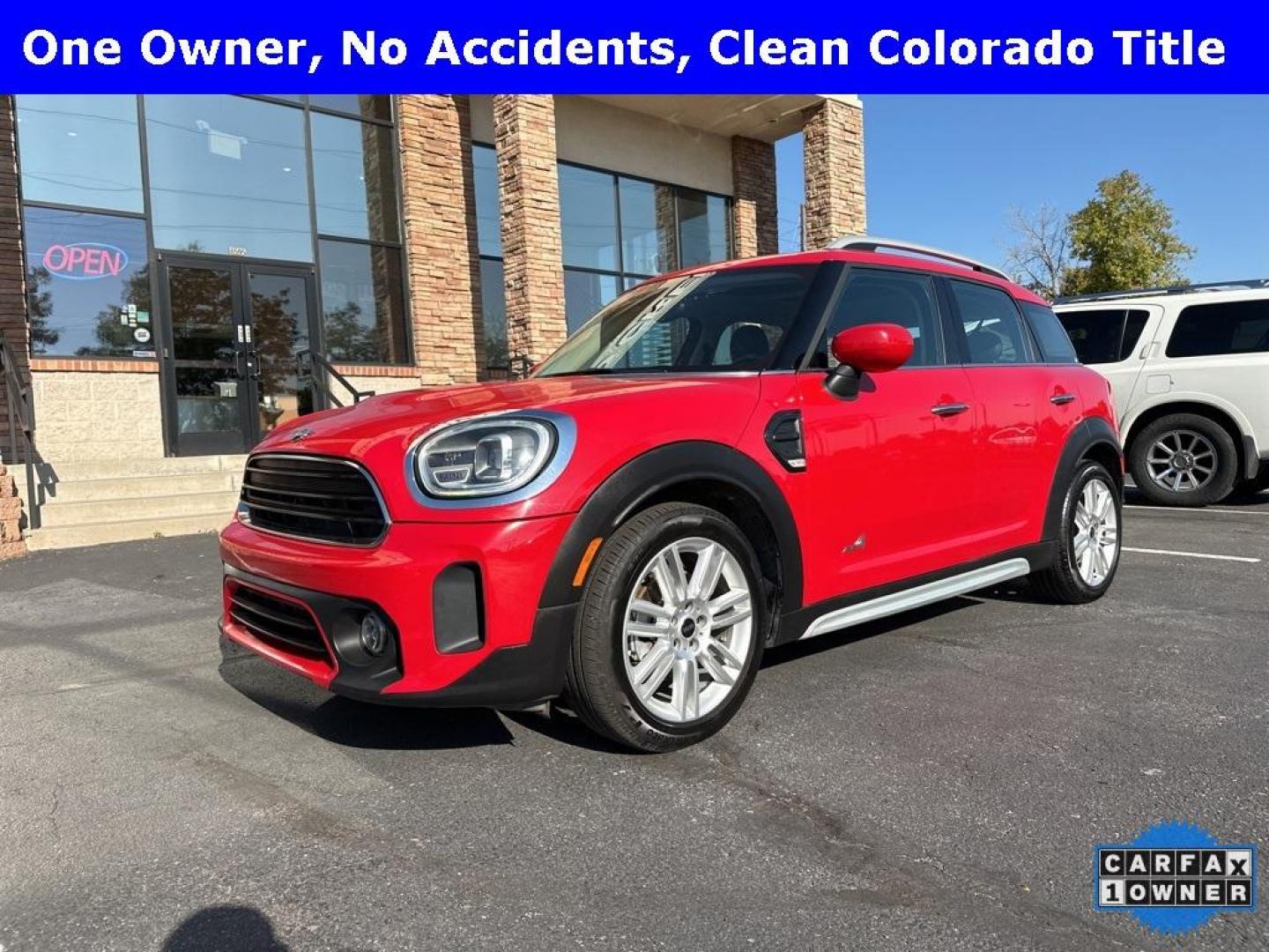 2022 Chili Red /Carbon Black MINI Cooper Countryman Signature All Wheel Drive (WMZ43BR07N3) with an 1.5L I-3 engine, Automatic transmission, located at 10890 W. Colfax Ave., Lakewood, CO, 80215, (303) 274-7692, 39.739914, -105.120132 - 2022 MINI Cooper Countryman All Wheel Drive and in mint condition. Loaded with, heated leather seats, panoramic roof, backup camera, Apple/Android Carplay, Assistant and more. <br><br>All Cars Have Clean Colorado Titles And Are Serviced Before Sale.<br><br>CarfaxOne Owner, No Accidents, Apple/Androi - Photo#0