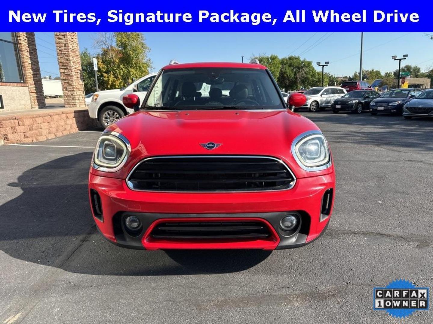 2022 Chili Red /Carbon Black MINI Cooper Countryman Signature All Wheel Drive (WMZ43BR07N3) with an 1.5L I-3 engine, Automatic transmission, located at 10890 W. Colfax Ave., Lakewood, CO, 80215, (303) 274-7692, 39.739914, -105.120132 - 2022 MINI Cooper Countryman All Wheel Drive and in mint condition. Loaded with, heated leather seats, panoramic roof, backup camera, Apple/Android Carplay, Assistant and more. <br><br>All Cars Have Clean Colorado Titles And Are Serviced Before Sale.<br><br>CarfaxOne Owner, No Accidents, Apple/Androi - Photo#1