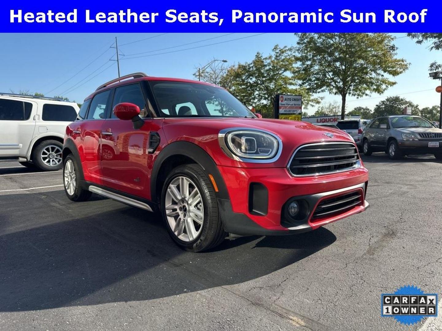 2022 Chili Red /Carbon Black MINI Cooper Countryman Signature All Wheel Drive (WMZ43BR07N3) with an 1.5L I-3 engine, Automatic transmission, located at 10890 W. Colfax Ave., Lakewood, CO, 80215, (303) 274-7692, 39.739914, -105.120132 - 2022 MINI Cooper Countryman All Wheel Drive and in mint condition. Loaded with, heated leather seats, panoramic roof, backup camera, Apple/Android Carplay, Assistant and more. <br><br>All Cars Have Clean Colorado Titles And Are Serviced Before Sale.<br><br>CarfaxOne Owner, No Accidents, Apple/Androi - Photo#2