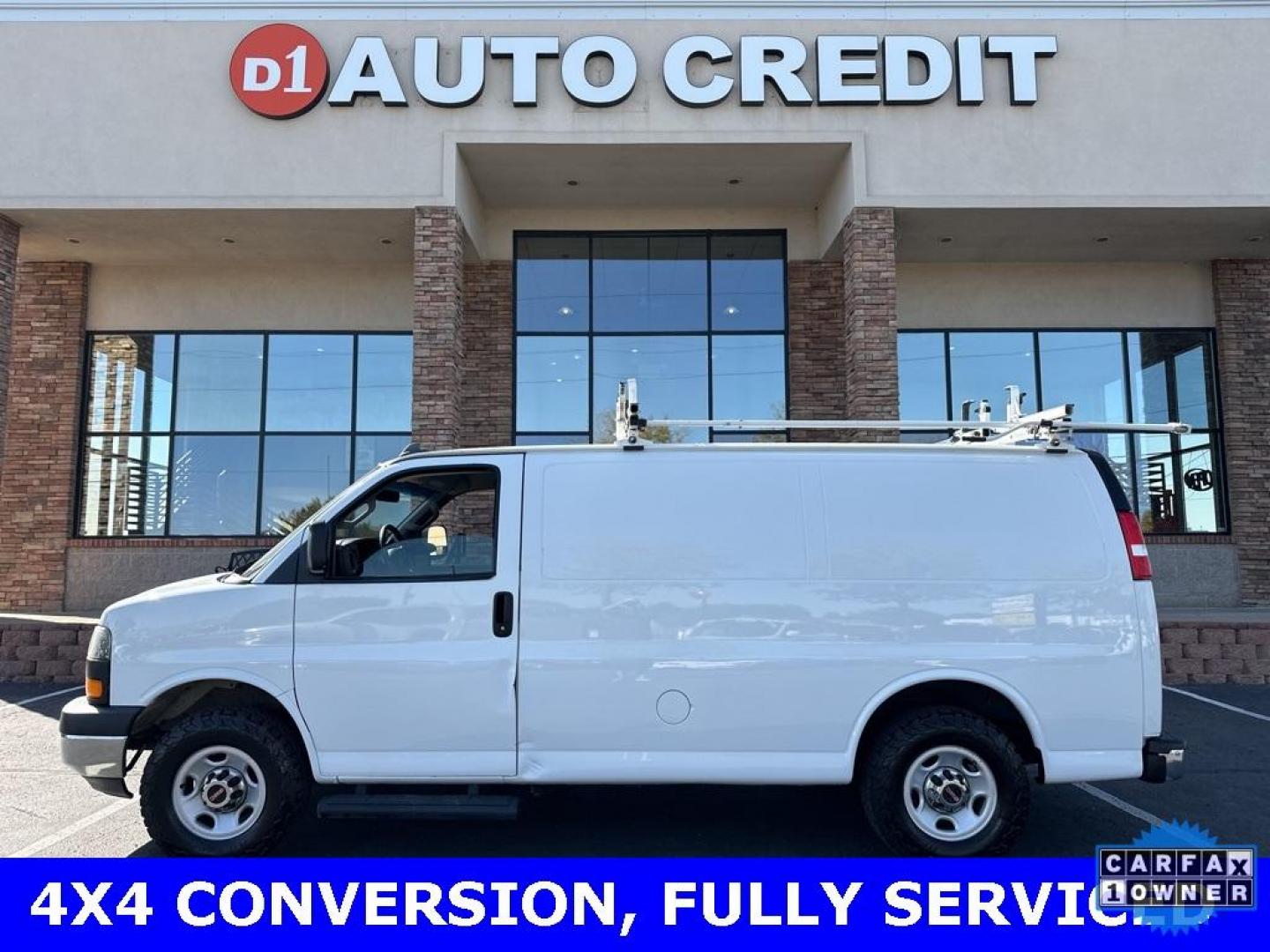 2019 Summit White /Medium Pewter GMC Savana 2500 Work Van (1GTW7AFG1K1) with an Vortec 6.0L V8 SFI Flex Fuel engine, Automatic transmission, located at 8595 Washington St., Thornton, CO, 80229, (303) 287-5511, 39.852348, -104.978447 - 4x4 Conversion and 6.0L Engine. Loaded up with storage bins, ladder racks and ready to go to work. Fully serviced with no mechanical issues.<br>In House Financing Available.<br><br>All Cars Have Clean Titles And Are Serviced Before Sale., Backup Camera, Savana 2500 Work Van 4x4 Conversion, Vortec 6 - Photo#0