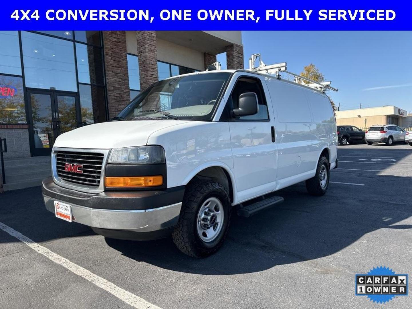 2019 Summit White /Medium Pewter GMC Savana 2500 Work Van (1GTW7AFG1K1) with an Vortec 6.0L V8 SFI Flex Fuel engine, Automatic transmission, located at 8595 Washington St., Thornton, CO, 80229, (303) 287-5511, 39.852348, -104.978447 - 4x4 Conversion and 6.0L Engine. Loaded up with storage bins, ladder racks and ready to go to work. Fully serviced with no mechanical issues.<br>In House Financing Available.<br><br>All Cars Have Clean Titles And Are Serviced Before Sale., Backup Camera, Savana 2500 Work Van 4x4 Conversion, Vortec 6 - Photo#1