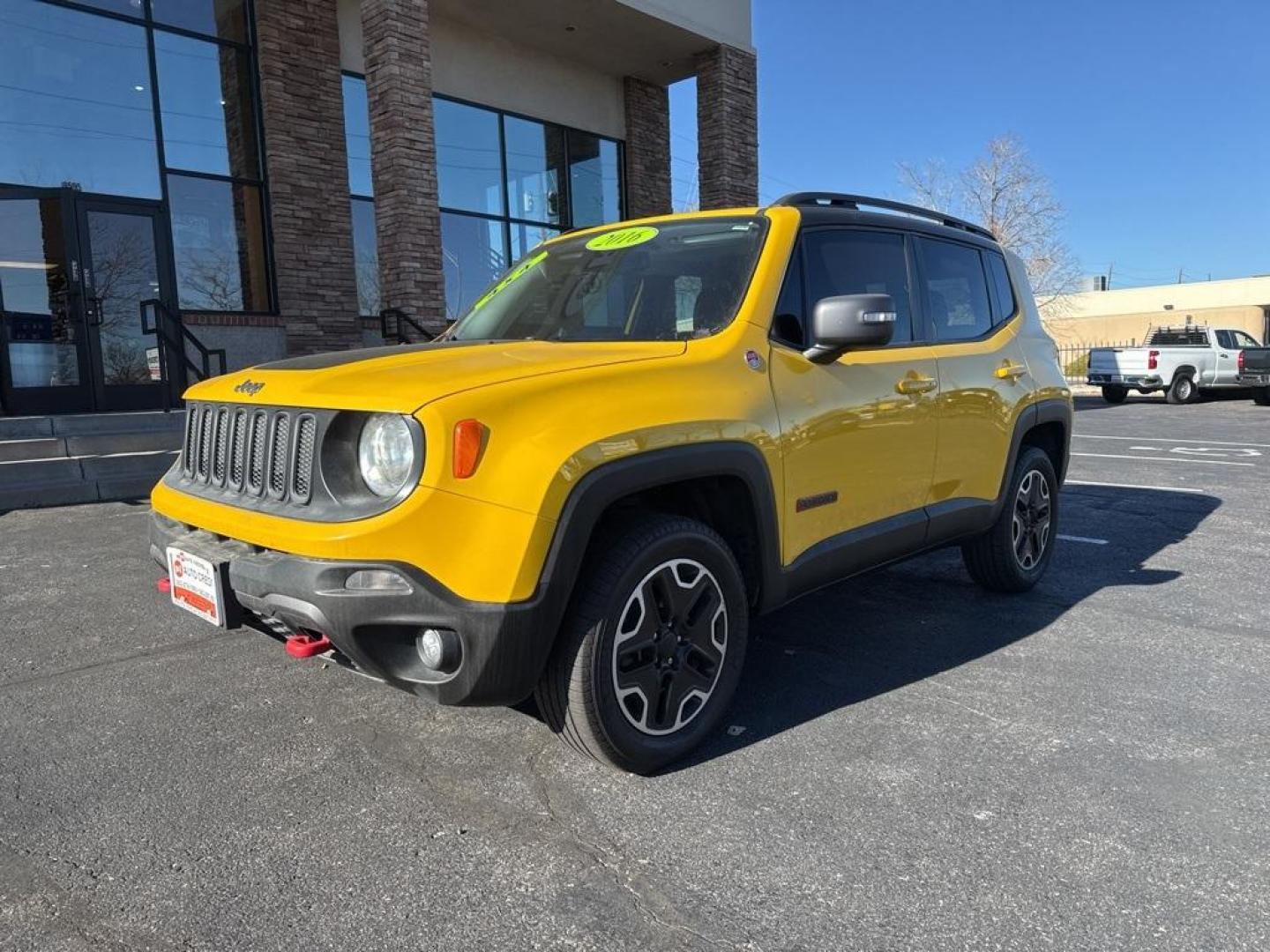 2016 Solar Yellow /Black Jeep Renegade Trailhawk (ZACCJBCT1GP) with an 2.4L I4 MultiAir engine, Automatic transmission, located at 8595 Washington St., Thornton, CO, 80229, (303) 287-5511, 39.852348, -104.978447 - 2016 Jeep Renegade 4WD <br><br>All Cars Have Clean Titles And Are Serviced Before Sale., <br><br>Loaded with, Blind Spot Monitoring, Backup Camera, Leather, Heated Seats, Bluetooth/ With Bluetooth Audio, Non Smoker, No Pet Odor Or Hair, Beats Audio, Renegade Trailhawk, 4WD, My Sky Power/Removable Su - Photo#0