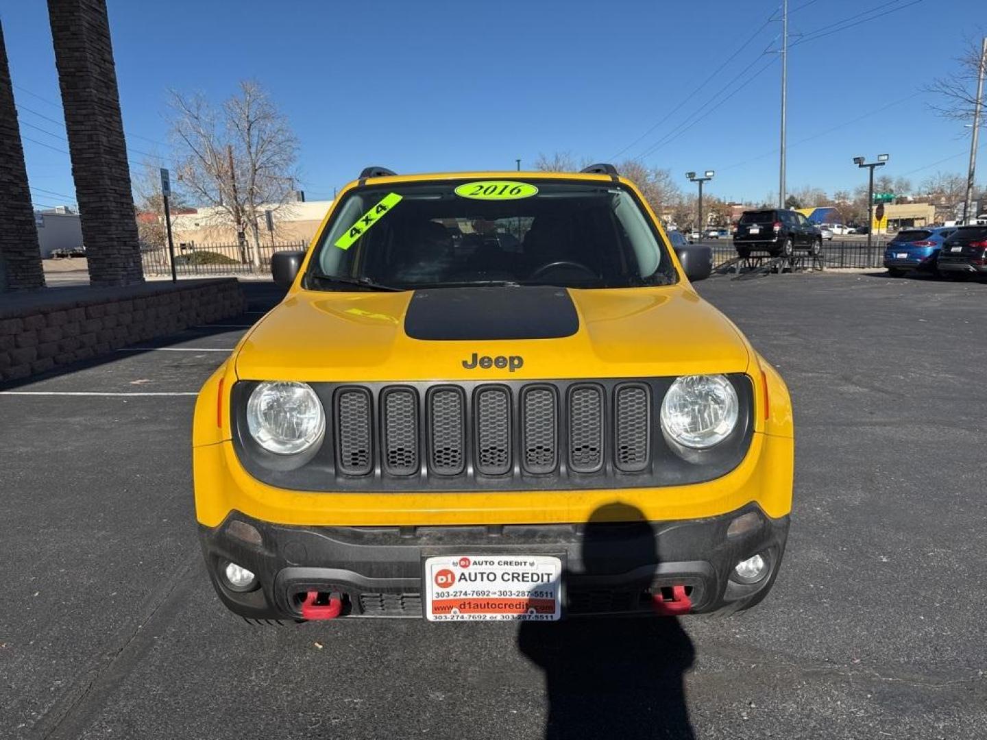 2016 Solar Yellow /Black Jeep Renegade Trailhawk (ZACCJBCT1GP) with an 2.4L I4 MultiAir engine, Automatic transmission, located at 8595 Washington St., Thornton, CO, 80229, (303) 287-5511, 39.852348, -104.978447 - 2016 Jeep Renegade 4WD <br><br>All Cars Have Clean Titles And Are Serviced Before Sale., <br><br>Loaded with, Blind Spot Monitoring, Backup Camera, Leather, Heated Seats, Bluetooth/ With Bluetooth Audio, Non Smoker, No Pet Odor Or Hair, Beats Audio, Renegade Trailhawk, 4WD, My Sky Power/Removable Su - Photo#1