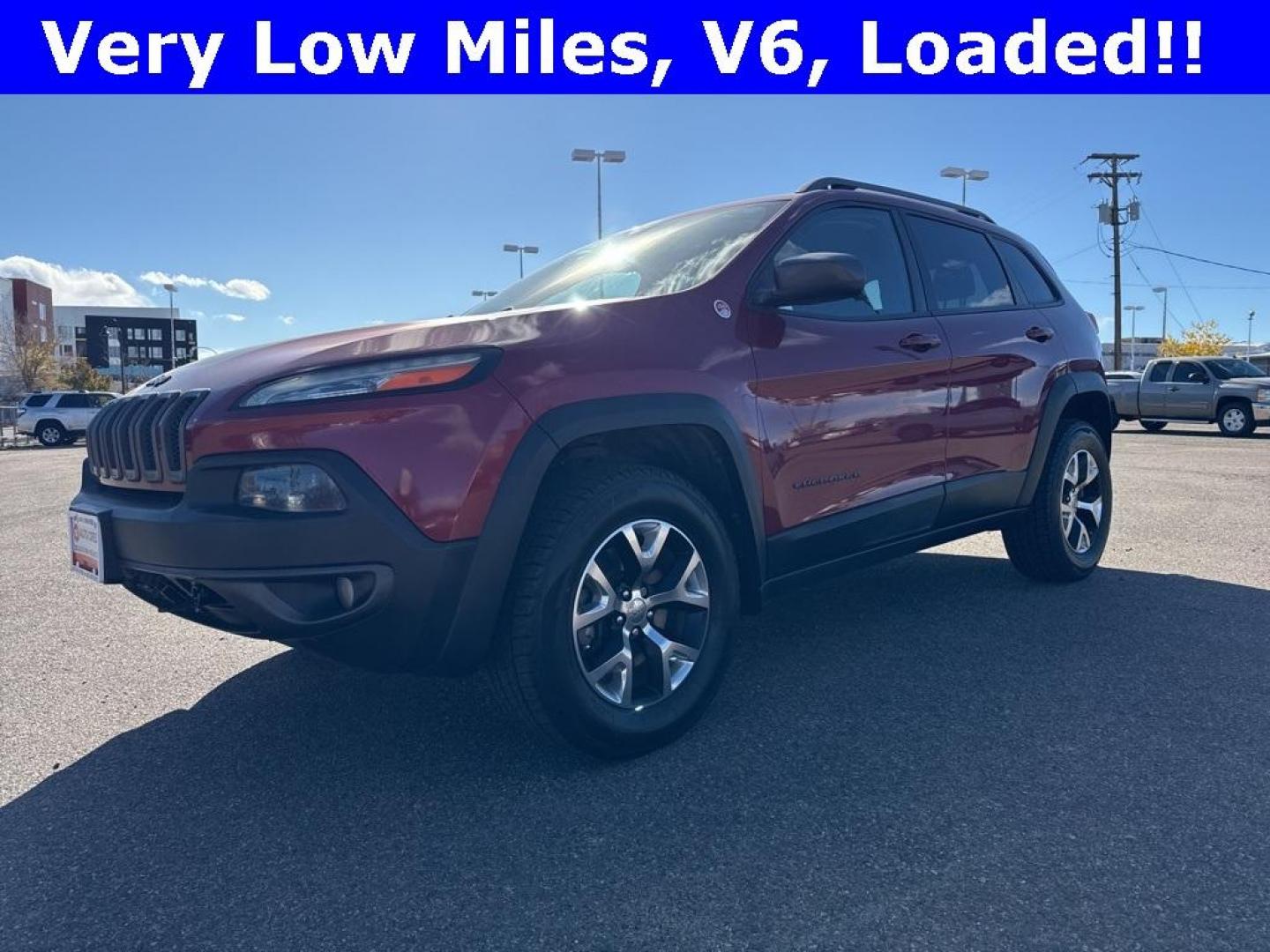 2014 Deep Cherry Red Crystal Pearlcoat /Black Jeep Cherokee Trailhawk (1C4PJMBS0EW) with an 3.2L V6 engine, Automatic transmission, located at 8595 Washington St., Thornton, CO, 80229, (303) 287-5511, 39.852348, -104.978447 - 2014 Jeep Cherokee with very low miles and in excellent condition inside and out. Loaded with the powerful V6 engine, panoramic sun roof, heated leather seats, heated steering wheel, navigation, backup camera and much more. Fully serviced in our shop. We offer a wide range of warranties. <br><br>All - Photo#0