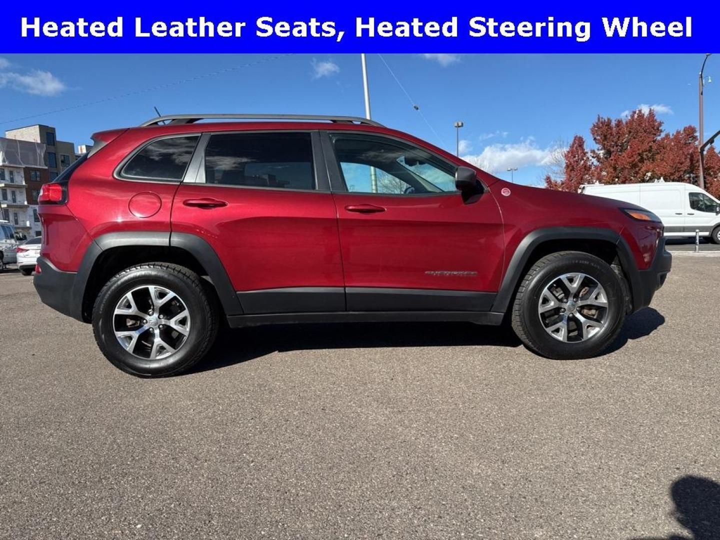 2014 Deep Cherry Red Crystal Pearlcoat /Black Jeep Cherokee Trailhawk (1C4PJMBS0EW) with an 3.2L V6 engine, Automatic transmission, located at 8595 Washington St., Thornton, CO, 80229, (303) 287-5511, 39.852348, -104.978447 - 2014 Jeep Cherokee with very low miles and in excellent condition inside and out. Loaded with the powerful V6 engine, panoramic sun roof, heated leather seats, heated steering wheel, navigation, backup camera and much more. Fully serviced in our shop. We offer a wide range of warranties. <br><br>All - Photo#3