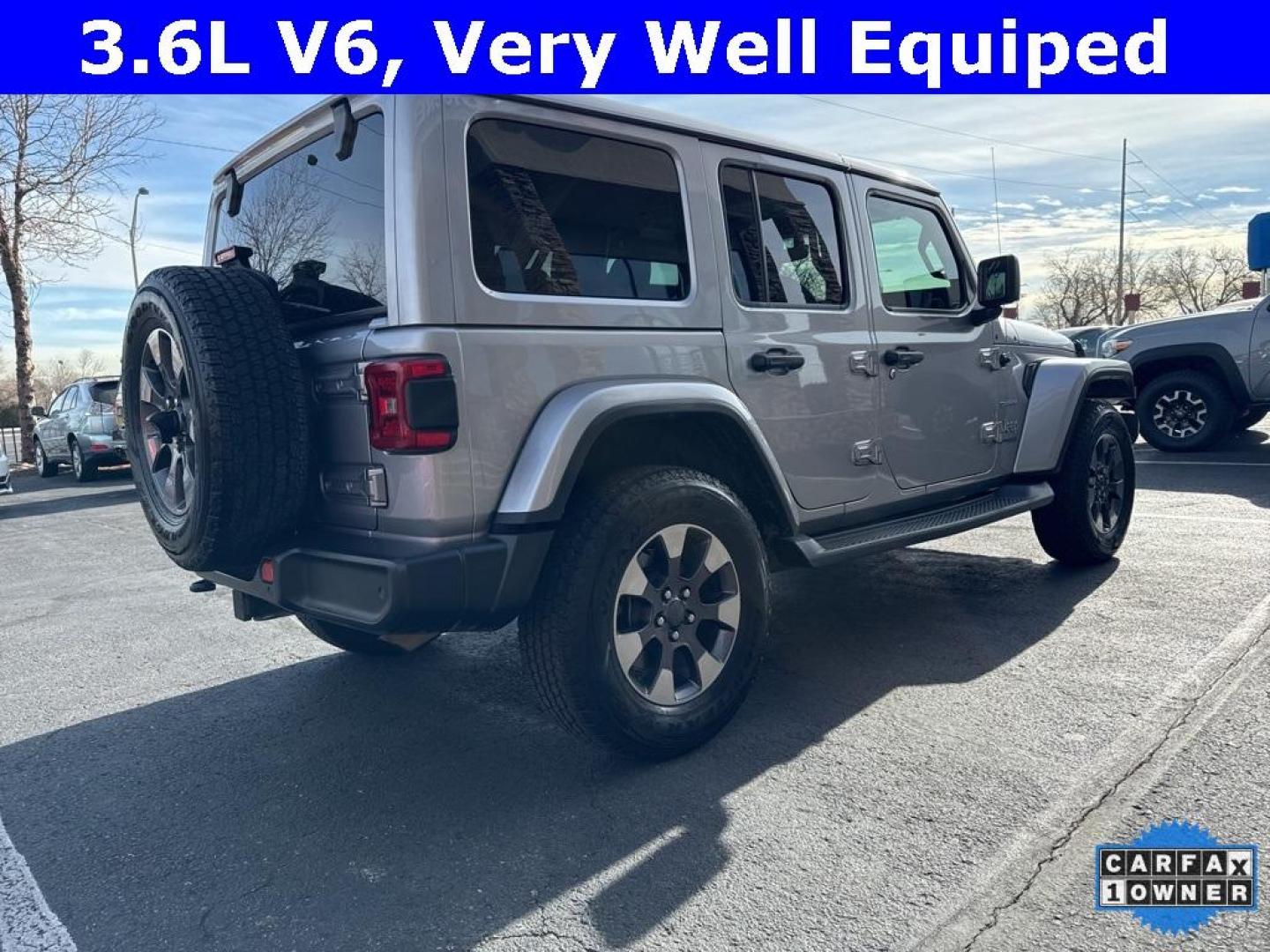 2018 Billet Silver Metallic Clearcoat /Black Jeep Wrangler Unlimited Sahara (1C4HJXEG2JW) with an 3.6L V6 24V VVT engine, Automatic transmission, located at 8595 Washington St., Thornton, CO, 80229, (303) 287-5511, 39.852348, -104.978447 - 2018 Jeep Wrangler, Sahara matching hard top. CARFAX One-Owner. No dents, no rock chips, no rust and in perfect condition inside and out. You will not find a cleaner Sahara out there. Fully serviced and ready for Colorado!! <br><br>4WD All Cars Have Clean Titles And Are Serviced Before Sale., Carfax - Photo#4