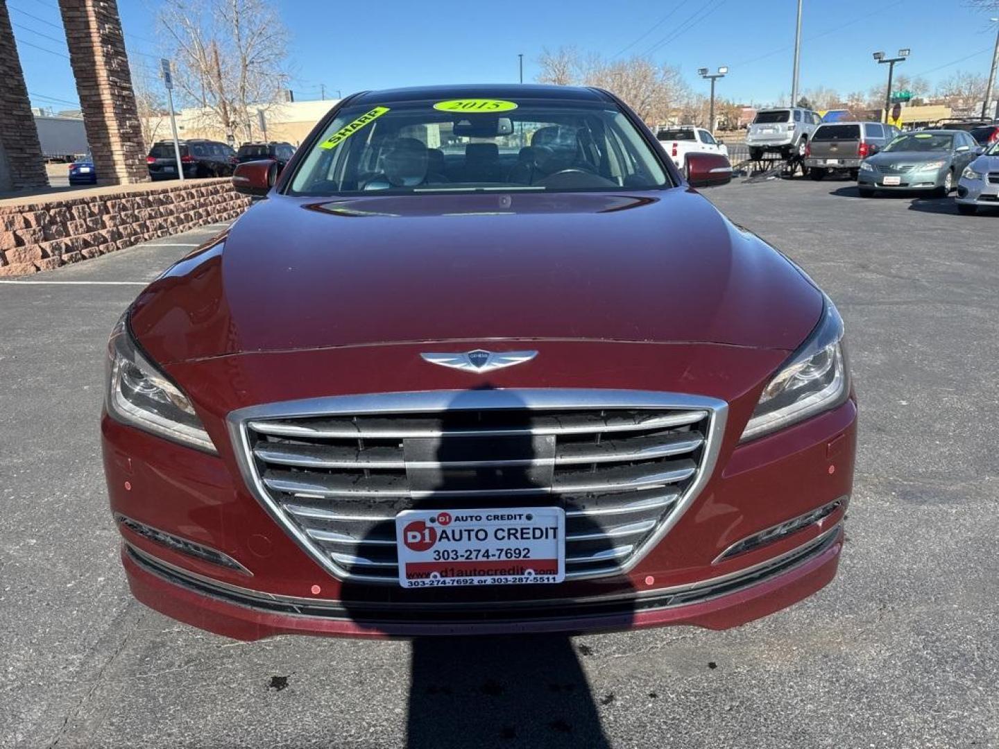 2015 Pamplona Red /Grey Hyundai Genesis 3.8 (KMHGN4JEXFU) with an 3.8L V6 DGI DOHC Dual CVVT engine, Automatic transmission, located at 8595 Washington St., Thornton, CO, 80229, (303) 287-5511, 39.852348, -104.978447 - 2015 Hyundai Genesis AWD Grey Leather.<br><br>D1 Auto NEVER charges dealer fees! All cars have clean titles and have been inspected for mechanical issues. We have financing for everyone. Good credit, bad credit, first time buyers.<br><br>Please call Lakewood Location 303-274-7692 or Thornton 303-287 - Photo#1