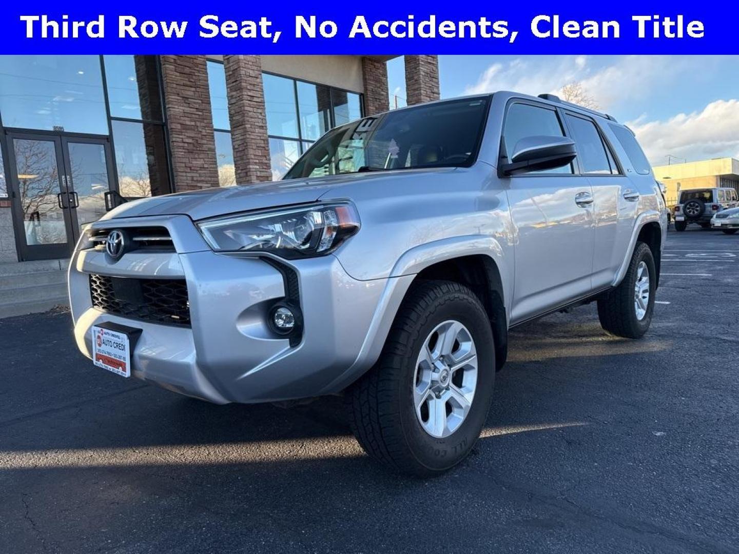 2021 Classic Silver Metallic /Gray Toyota 4Runner SR5 (JTEMU5JR1M5) with an 4.0L V6 SMPI DOHC engine, Automatic transmission, located at 8595 Washington St., Thornton, CO, 80229, (303) 287-5511, 39.852348, -104.978447 - 2021 Toyota 4Runner SR5 4WD With 3rd Row Seating!! No accidents and has a clean title. Well maintained and loaded with, Apple/ Android Carplay, backup camera, 3 rows of seating, power seat and more. <br><br> All Cars Have Clean Titles And Are Serviced Before Sale., Clean Carfax, No Accident, Apple/ - Photo#0