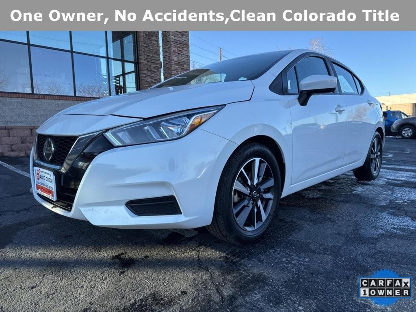 2022 Aspen White Tricoat /Graphite Nissan Versa 1.6 SV (3N1CN8EV9NL) with an 1.6L 4-Cylinder DOHC 16V engine, CVT transmission, located at 10890 W. Colfax Ave., Lakewood, CO, 80215, (303) 274-7692, 39.739914, -105.120132 - 2022 Nissan Versa CARFAX One-Owner.... All Cars Have Clean Titles And Are Serviced Before Sale., CarfaxOne Owner, No Accidents, Apple/Android Car Play, All Books and Keys, New Tires, Blind Spot Monitoring, Backup Camera, Non Smoker, No Pet Odor Or Hair, 1.6L 4-Cylinder DOHC 16V, FWD.<br><br>D1 Auto - Photo#0