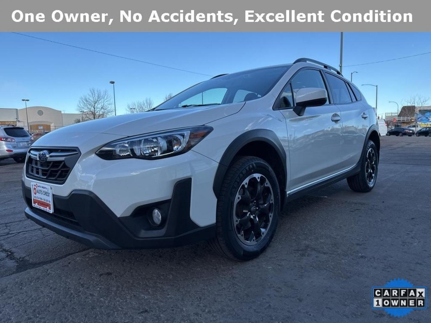 2021 Crystal White Pearl /Black W/Orange Stitching Subaru Crosstrek Premium (JF2GTAEC9M8) with an 2.0L DOHC engine, CVT transmission, located at 10890 W. Colfax Ave., Lakewood, CO, 80215, (303) 274-7692, 39.739914, -105.120132 - 2021 Subaru Crosstrek CARFAX One-Owner. AWD<br><br>D1 Auto NEVER charges dealer fees! All cars have clean titles and have been inspected for mechanical issues. We have financing for everyone. Good credit, bad credit, first time buyers.<br>Clean CARFAX.<br>Please call Lakewood Location 303-274-7692 o - Photo#0