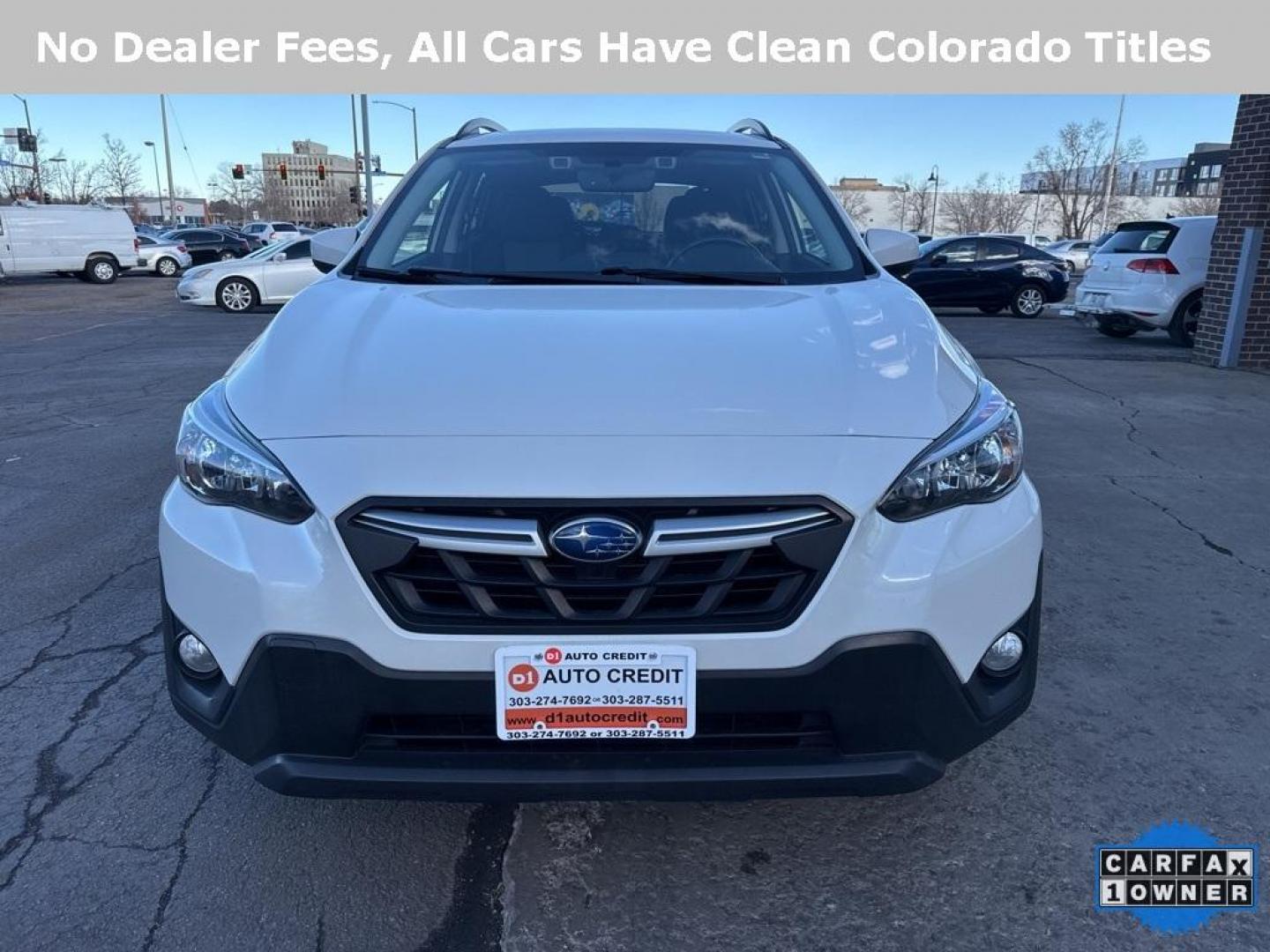 2021 Crystal White Pearl /Black W/Orange Stitching Subaru Crosstrek Premium (JF2GTAEC9M8) with an 2.0L DOHC engine, CVT transmission, located at 10890 W. Colfax Ave., Lakewood, CO, 80215, (303) 274-7692, 39.739914, -105.120132 - 2021 Subaru Crosstrek CARFAX One-Owner. AWD<br><br>D1 Auto NEVER charges dealer fees! All cars have clean titles and have been inspected for mechanical issues. We have financing for everyone. Good credit, bad credit, first time buyers.<br>Clean CARFAX.<br>Please call Lakewood Location 303-274-7692 o - Photo#1